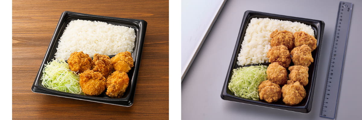 従来品と「盛りすぎ!鶏のから揚げ弁当」
