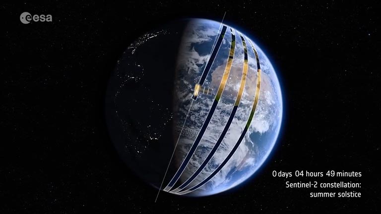 参考:<a href="https://www.esa.int/Applications/Observing_the_Earth/Copernicus/Sentinel-2/Satellite_constellation">2機の地球観測衛星「Sentinel-2」が5日間で地球全体を観測する様子(Credit: ESA)</a>