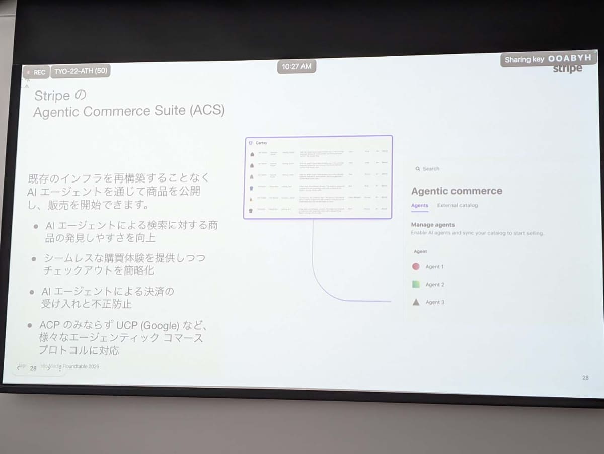 StripeのAgentic Commerce Suite(ACS)ではChatGPT対応に加え、将来的に新たなAIエージェントにもUCP等のプロトコルを介して接続可能