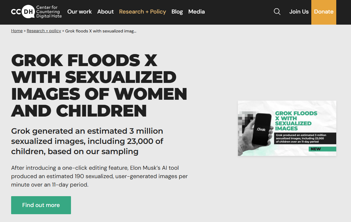 「デジタルヘイト対策センター(CCDH)」はGrokについての調査を発表