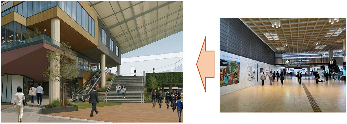 1階 駅前南コンコースの大階段と駅前商業施設イメージ。右は現在