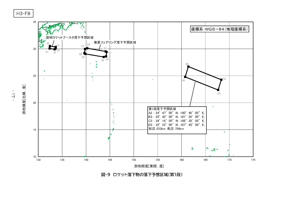 みちびき5号機が落下したと推定される第1段の落下予想区域。出典:「2025年度ロケット打上げ計画書準天頂衛星5号機(QZS-5)/H3ロケット8号機(H3・F8)」より
