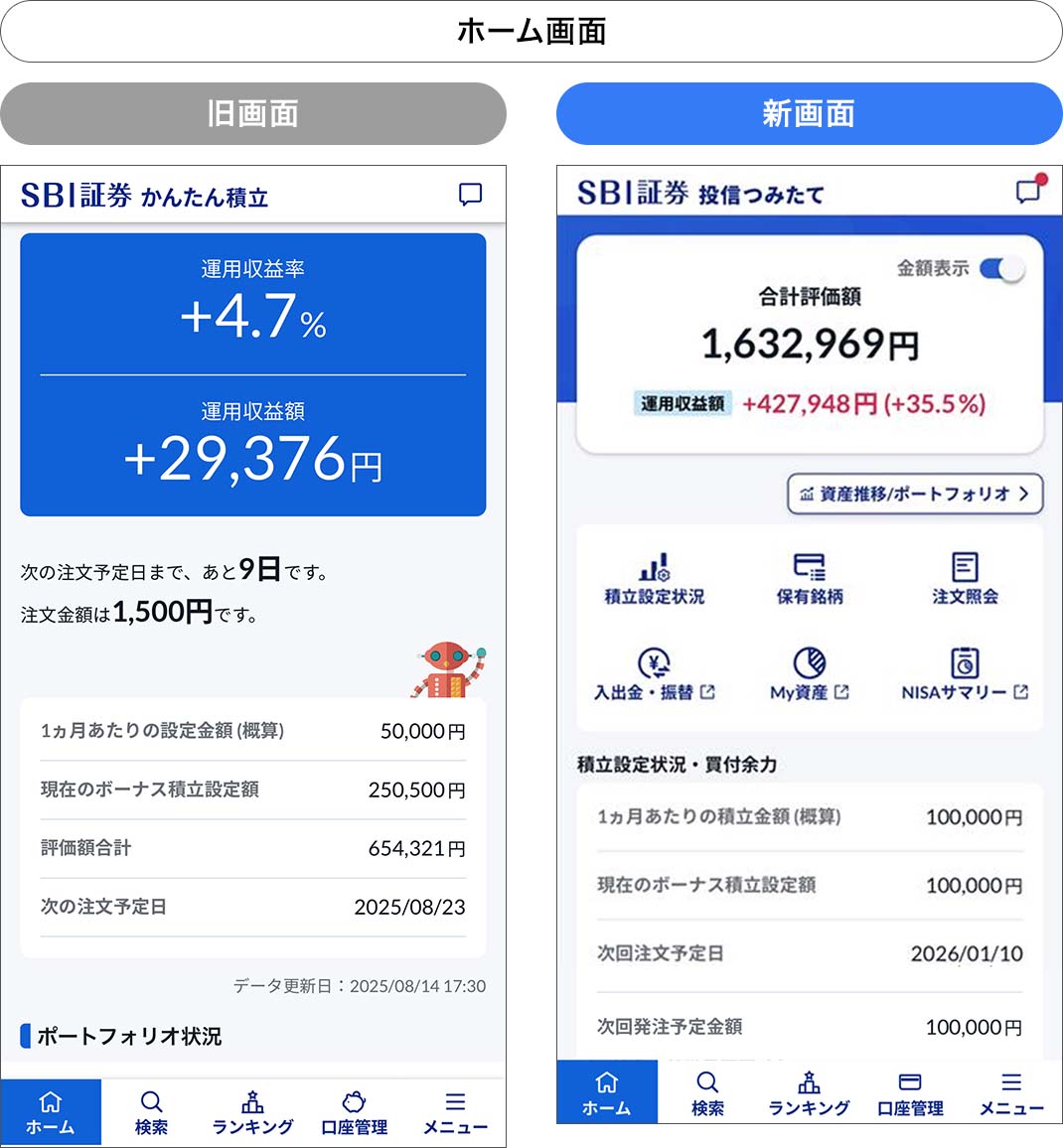 ホーム画面(左：リニューアル前、右：リニューアル後)