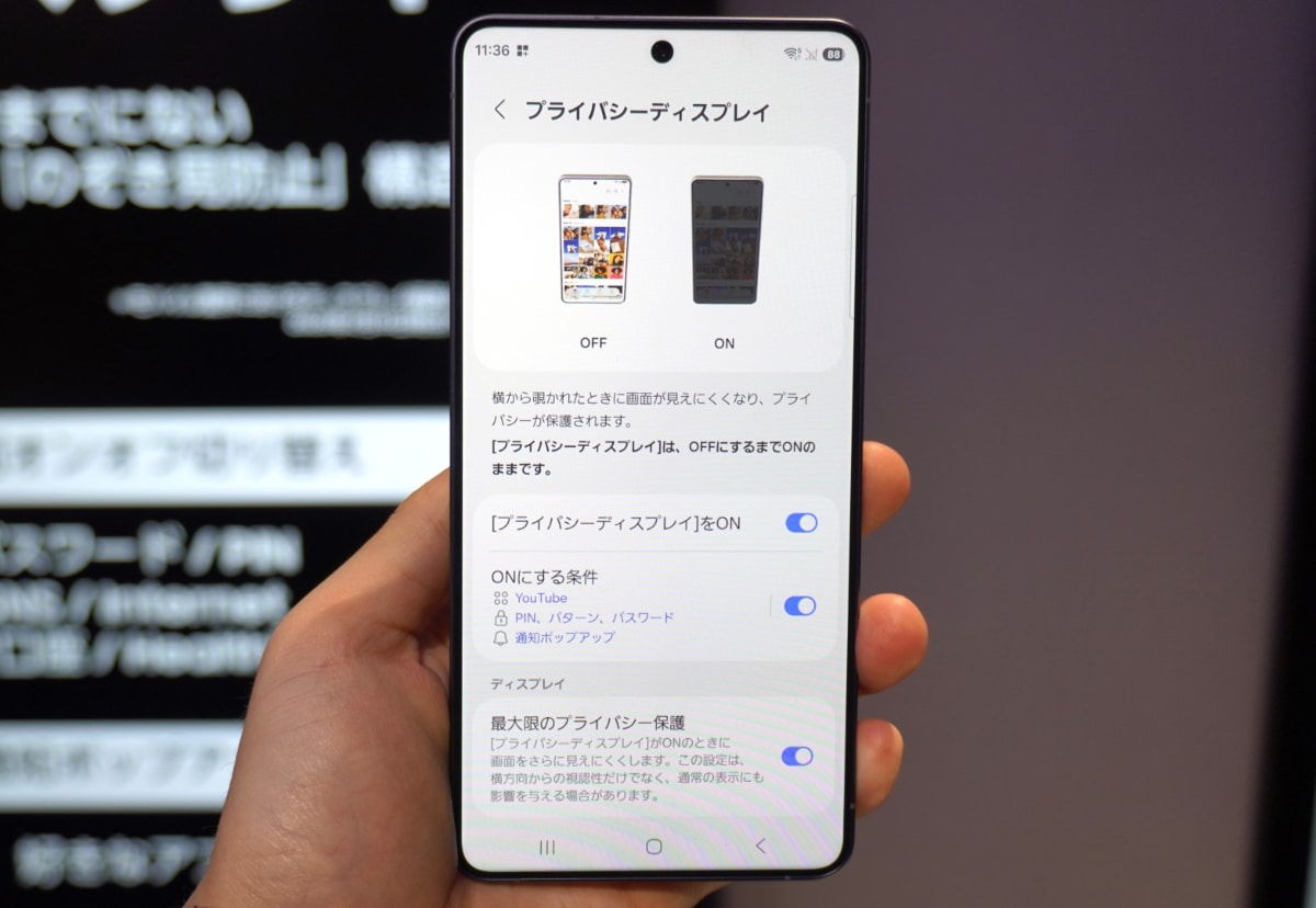 プライバシーディスプレイの設定画面