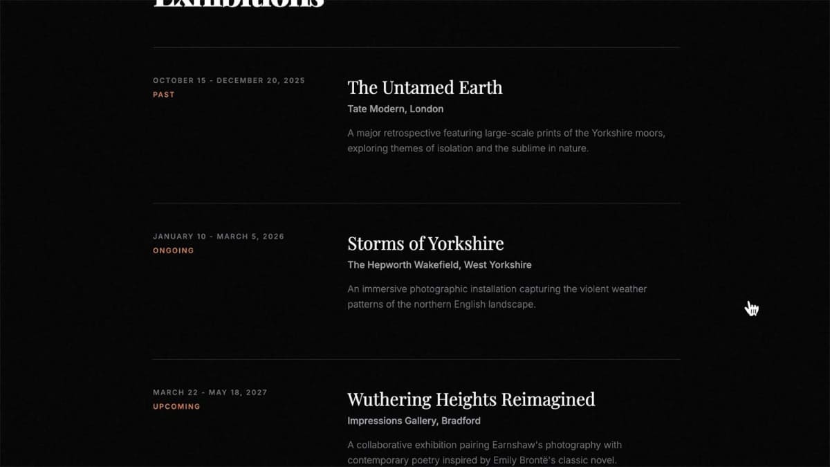 創造的なWebコーディング。文学的テーマを機能的なコードへ変換するもので、エミリー・ブロンテの「嵐が丘」をテーマに個人のポートフォリオ作成。小説の雰囲気を活かしたWebサイトを構築