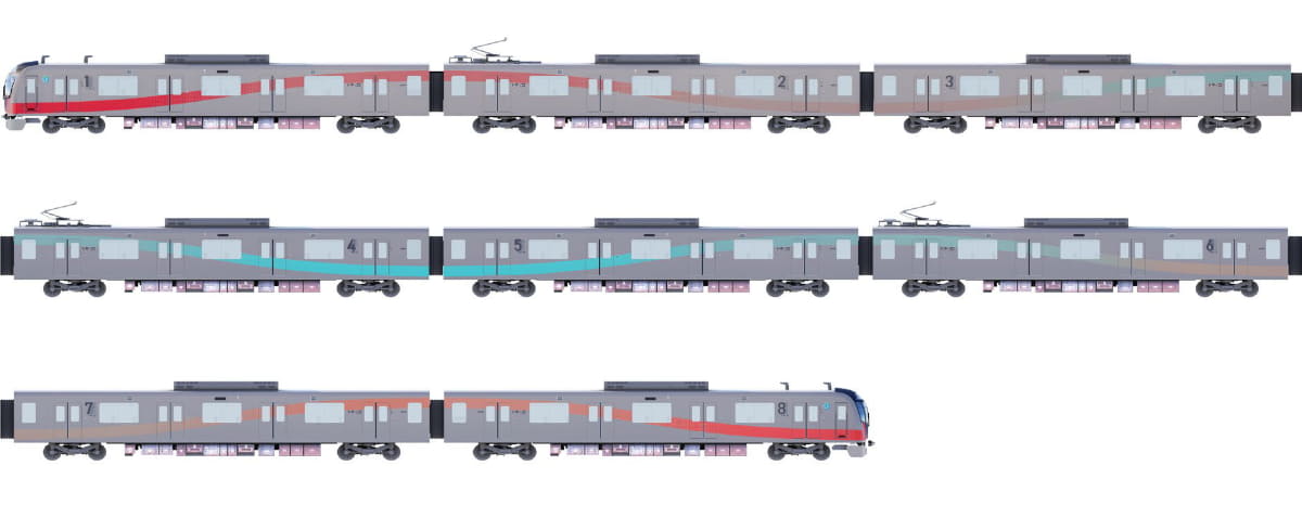 波型ラインにグラデーションカラーを採用、1編成の8両すべてでカラーリングが異なるデザイン