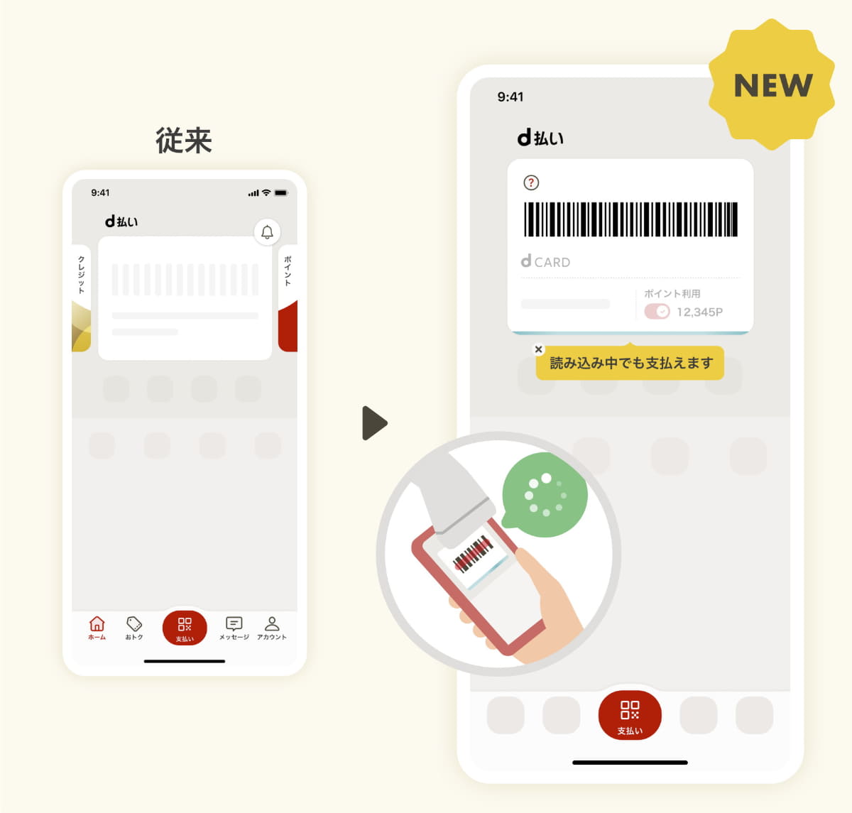 ホーム画面の読み込み中でもバーコードを表示し、「読み込み中の支払い」モードとして支払える