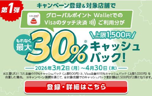 「グローバルポイント Wallet」利用者は、上乗せで上限500円までさらにキャッシュバック