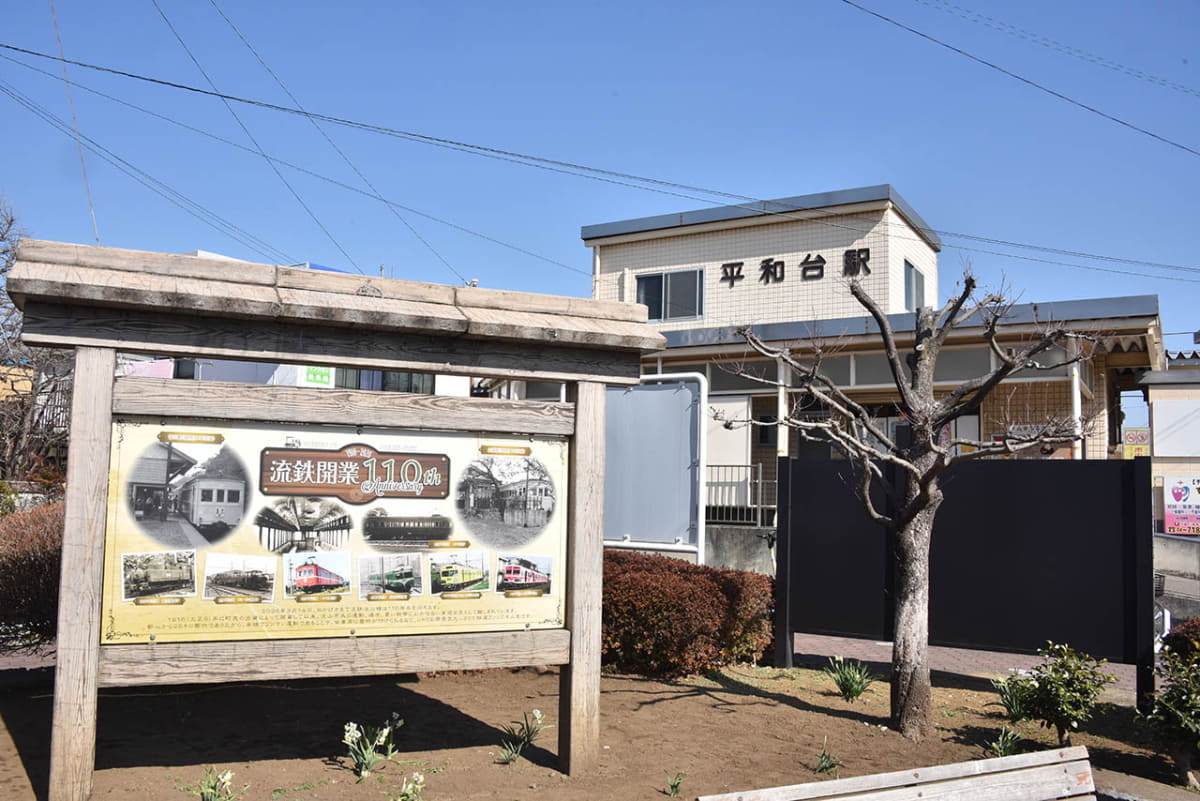 平和台駅には流鉄開業110年の看板が設置されていた