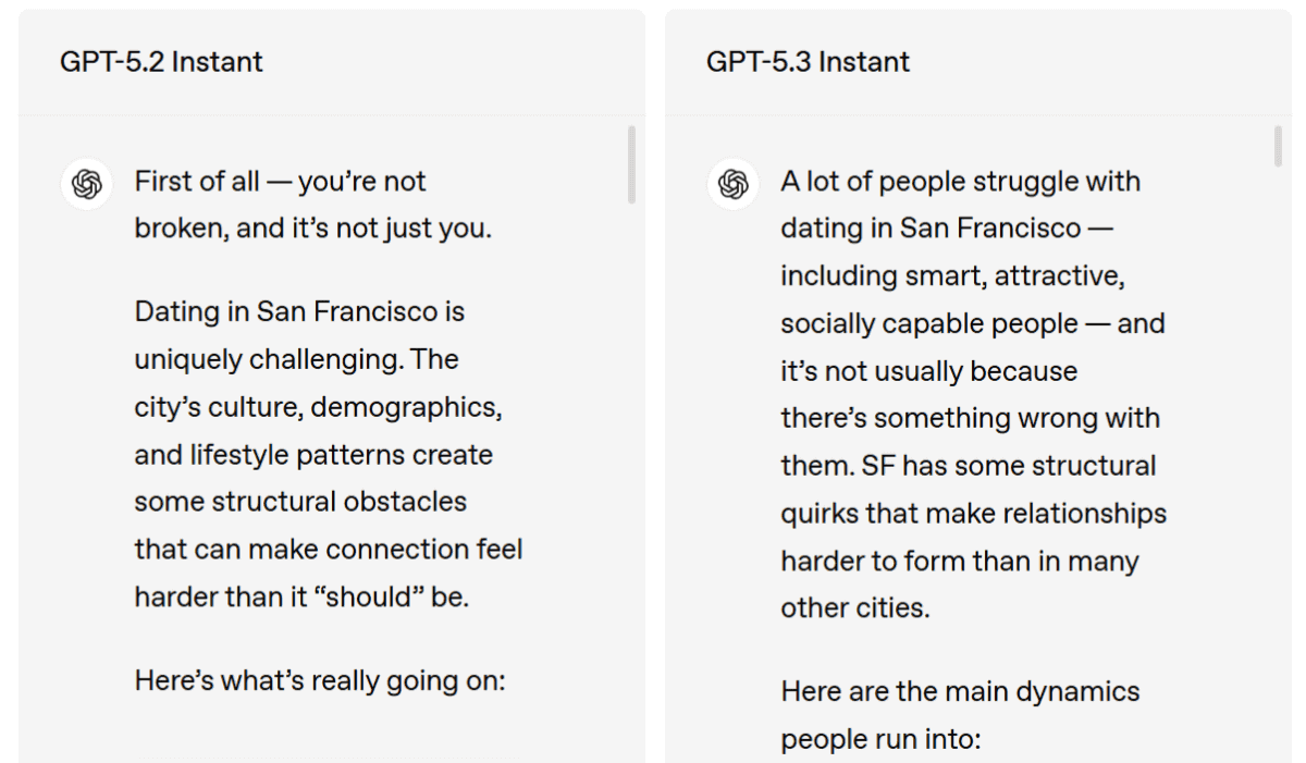 GPT-5.2 InstantとGPT-5.3 Instantとの比較。不要な前置きが無くなった