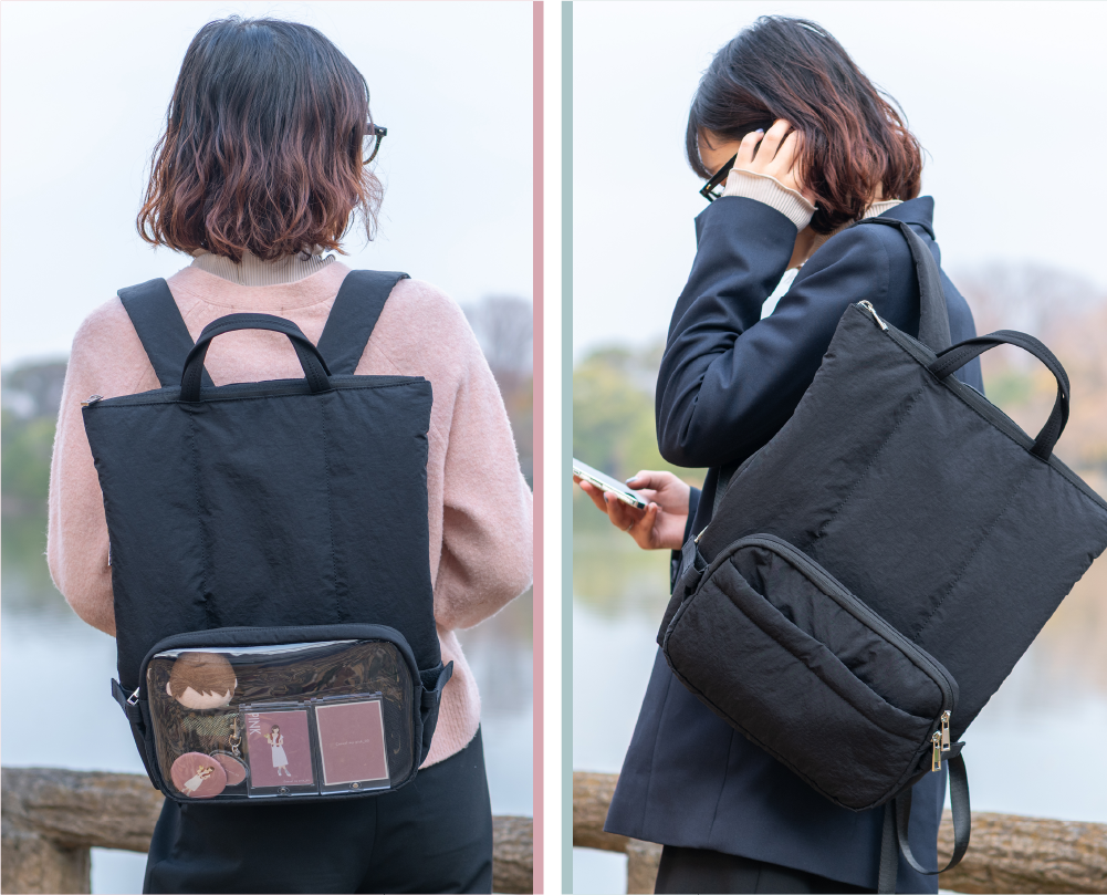 透明の前ポケットを裏返せばシンプルなバックパックに擬態