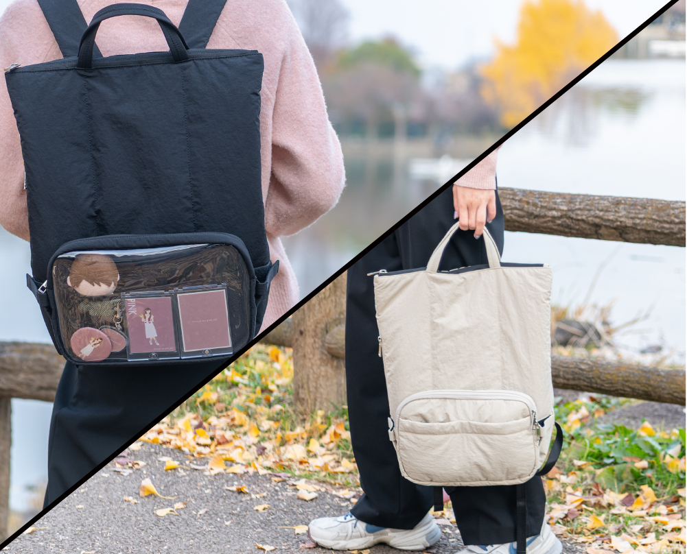 開口部の両側に持ち手を備えトートバッグとしても使える