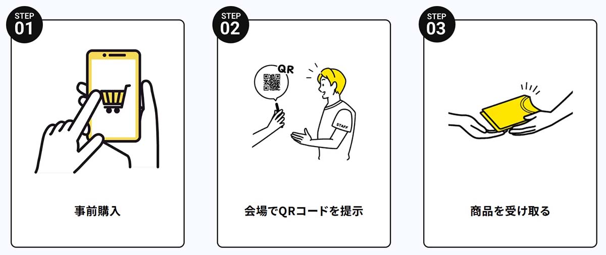 公演グッズをオンラインで事前購入し、会場でQRコードを提示すると受け取れる