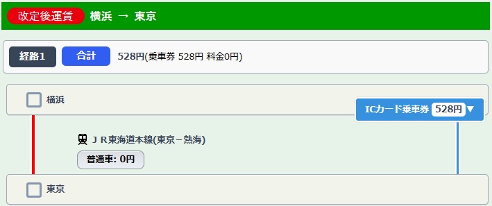 横浜～東京の改定後運賃