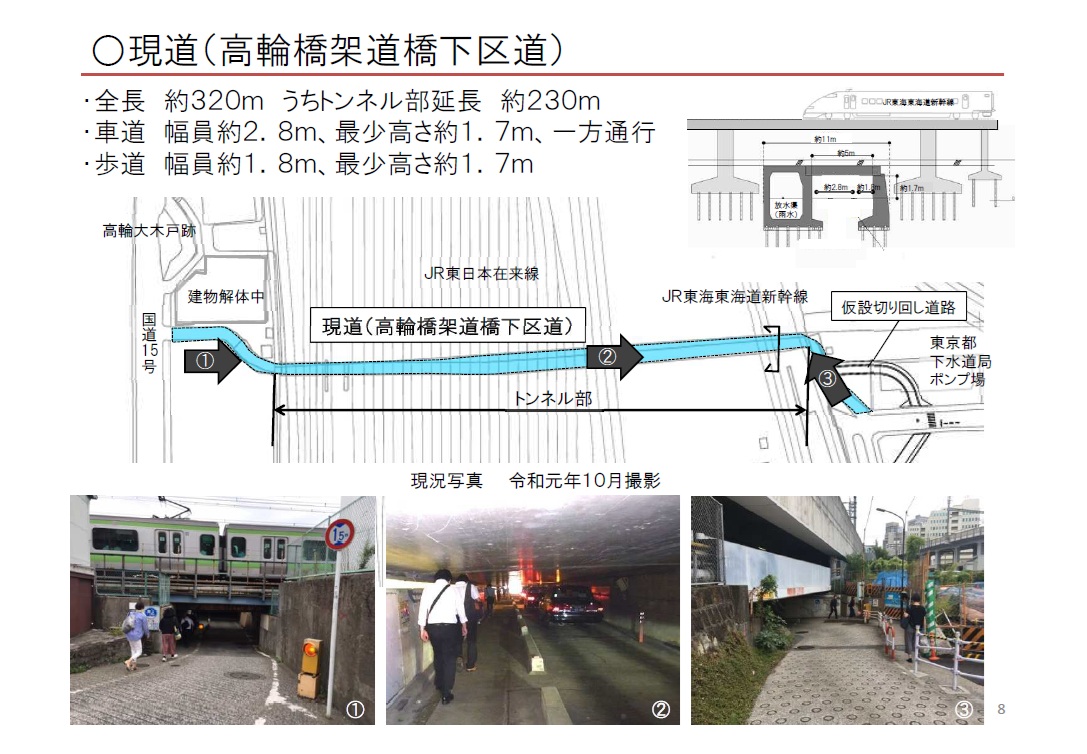 2018年11月時点の「高輪橋架道橋下区道」(出典：<a href=" https://www.city.minato.tokyo.jp/documents/99746/setsumeisiryou.pdf ">第二東西連絡道路整備工事説明会資料 - 港区</a>)