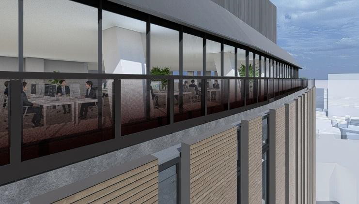 最上階の10階に設けたバルコニーの手摺りにガラス型ペロブスカイト太陽電池を実装