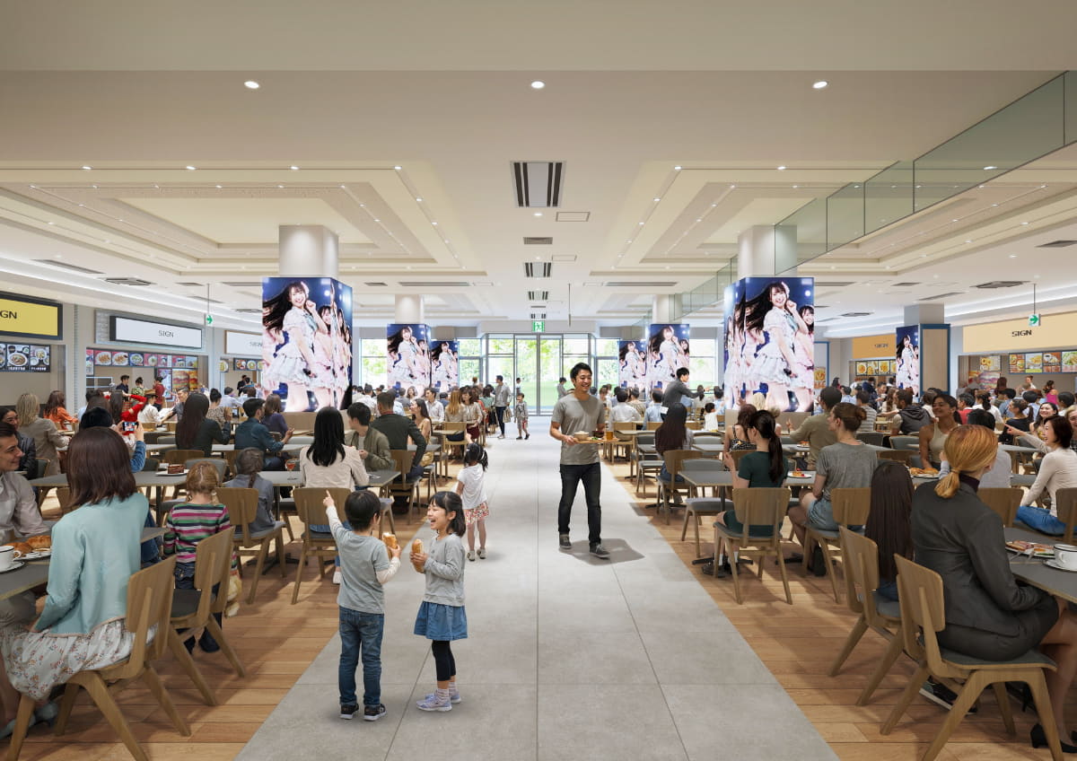 フードコート「マリーナキッチン」の柱面や壁面には合計27面のサイネージを設置