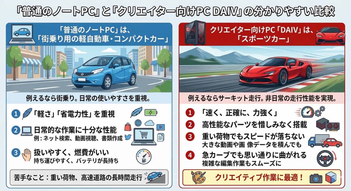 普通のノートPCとクリエイターPC「<a href="https://www.mouse-jp.co.jp/store/brand/daiv/?content=top&brand-daiv?utm_source=internet_watch&utm_medium=content-text&utm_campaign=2604_iw_daiv&utm_content=pr">DAIV</a>」の比較(Geminiで生成)