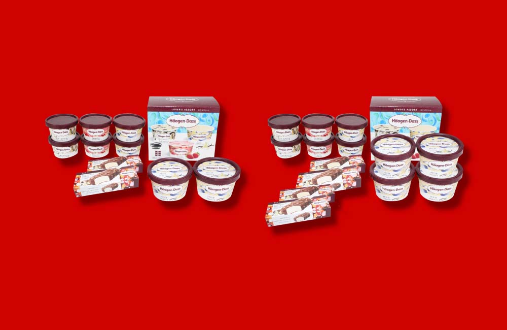ハーゲンダッツスペシャルセット(6,800円)。ミニカップ(バニラ)110ml×4個、バー(バニラチョコレートマカデミア)80ml×4個、ラバーズアソート(バニラ、ストロベリー、クッキー&クリーム)70ml×3種×2個
