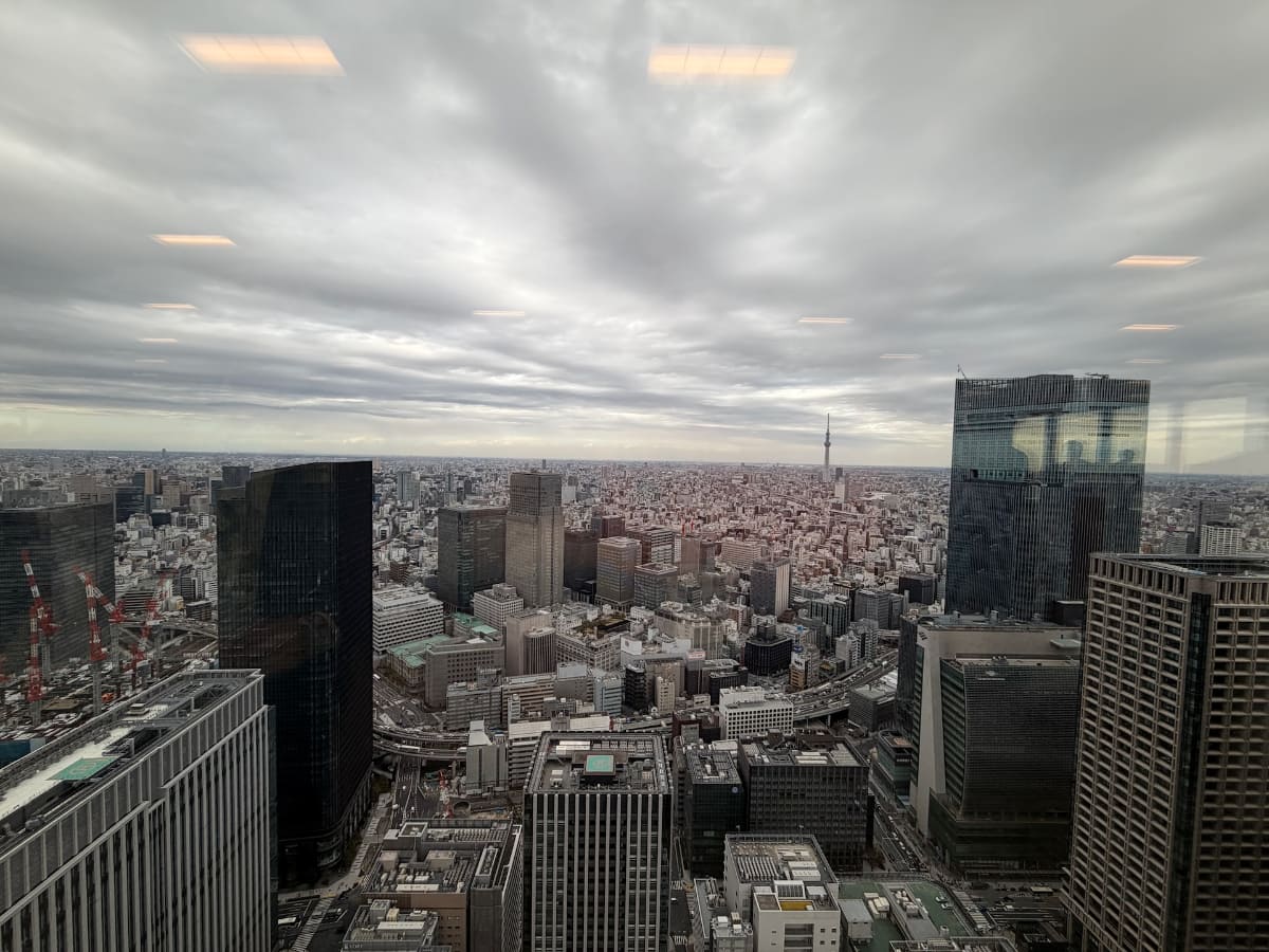 TOFROM YAESU TOWERの48階からの風景。周囲のビル群よりも高いので、遠くまで視界がひらけている