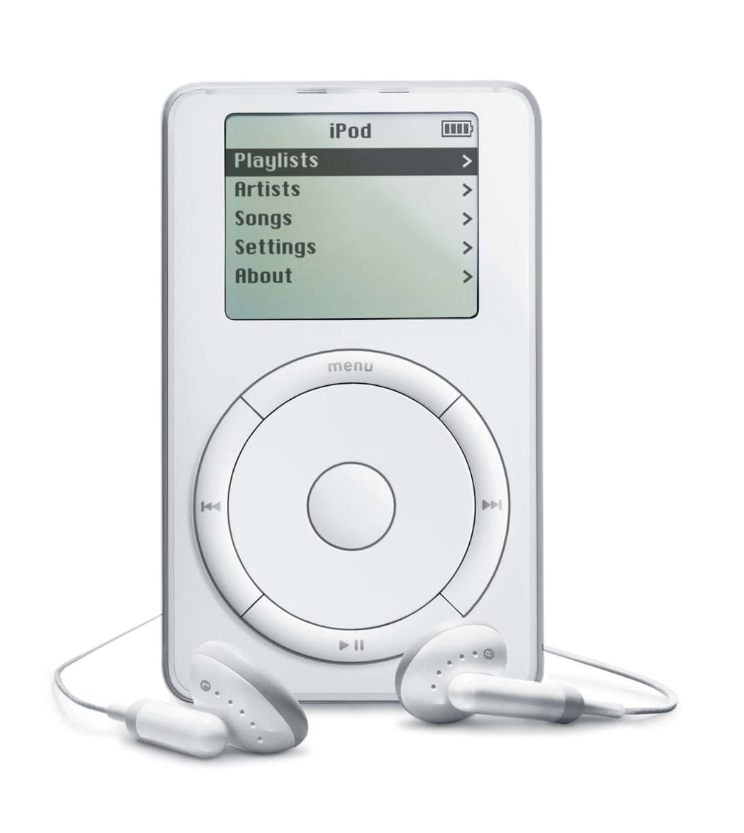 初代iPod。2001年発売。この世代はMacのみに対応していたが、のちにWindowsにも対応