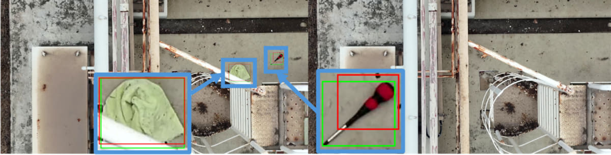 発電プラント設備の異常検出。正常時の参照画像(右)に対して、異常検出対象画像(左)では、タオルと工具を検出