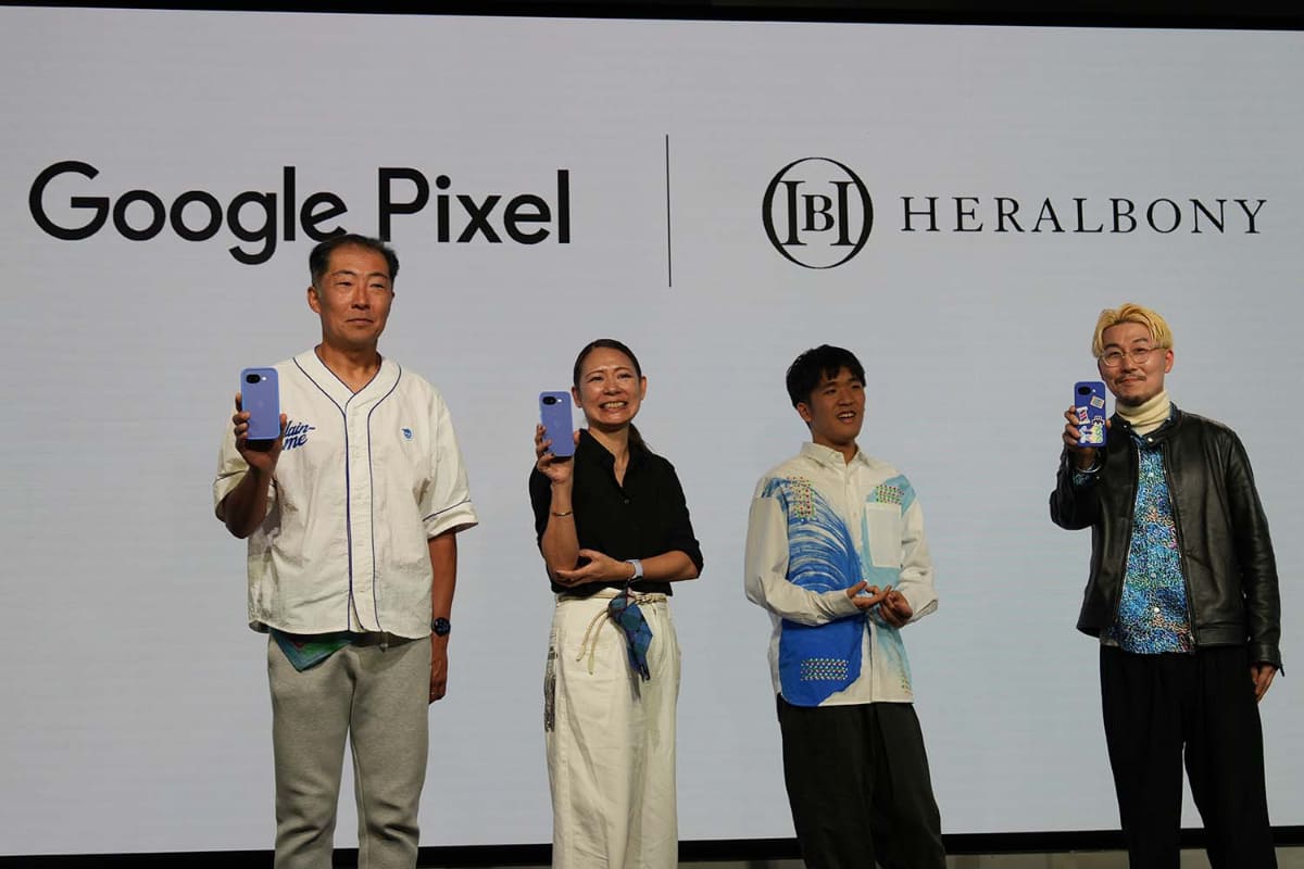 左からGoogle インダストリアルデザイナーの松岡良倫氏、Google パートナーシップ事業開発本部 執行役員 阿部 和子氏、水上詩楽氏、ヘラルボニー 松田崇弥 Co-CEO