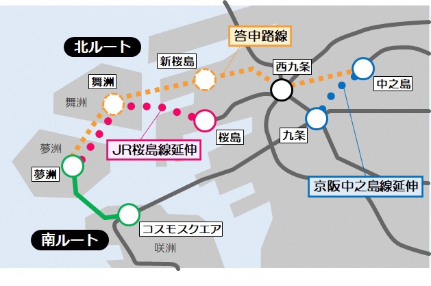 延伸検討対象路線(<a href="https://www.city.osaka.lg.jp/hodoshiryo/osakatokei/0000658432.html">大阪市 報道発表資料(25年8月6日)より</a>)