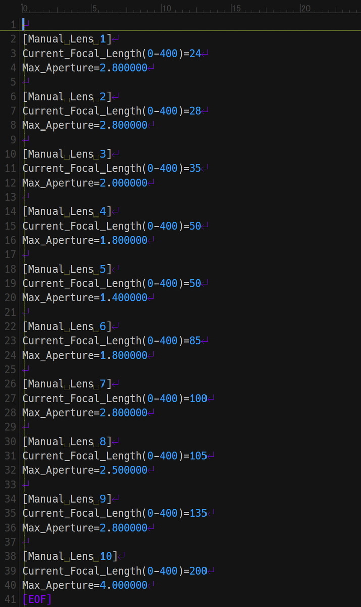 マウントアダプターにはレンズスペック情報が記載されたテキストファイルが格納されており、書き換えることで焦点距離と開放F値をカスタムできます