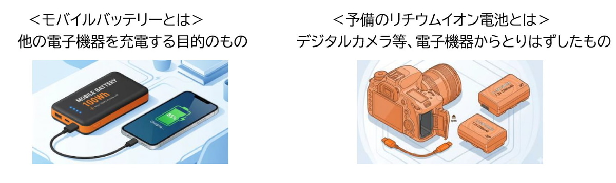 デジタルカメラのリチウムイオンバッテリーの例。右上に「14Wh」とワット時定格量が記載されている。新ルールにおいて個数制限の対象外となる