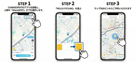 CHARGESPOTアプリ内の「ShareSPOT」からHELLO CYCLINGを利用できる