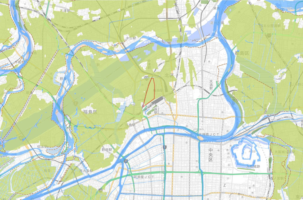 明治期の低湿地図。赤枠部分がうめきたエリア(提供：日建設計)