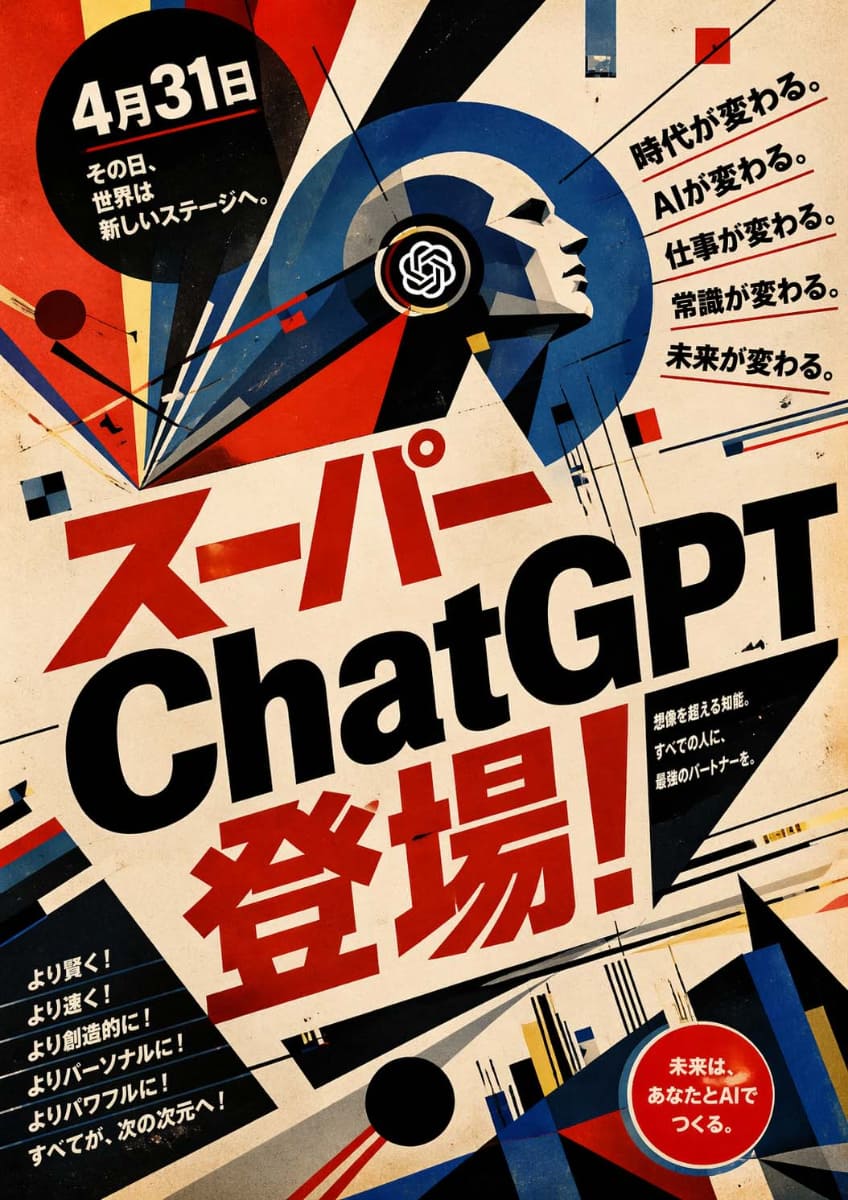 プロンプトで直接指示していない「スゴそうな言葉」を補完してポスターを作ってくれる。プロンプト：4月31日にスーパーChatGPTが登場する. その期待感を煽るポスタービジュアルを、ロシア・アバンギャルド、カンディンスキー風に生成してほしい 文字は、スーパーChatGPT登場!を大きく 時代が変わる、AIが変わる、仕事が変わるなどスゴそうな言葉を入れてほしい
