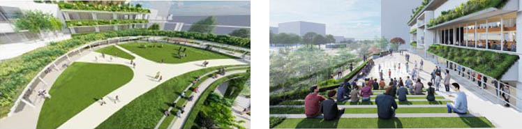 (左)外広場、(右)階段広場