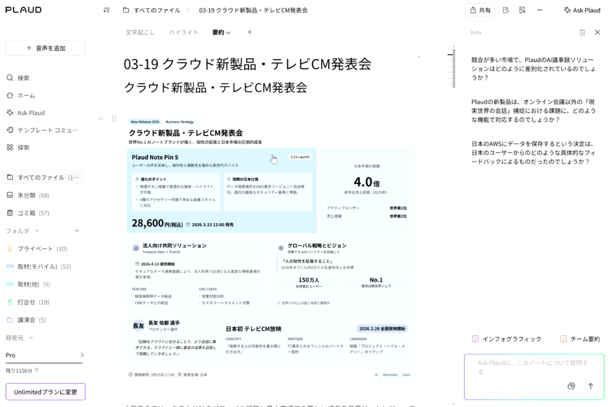 Plaudで発表会を録音し生成した様子