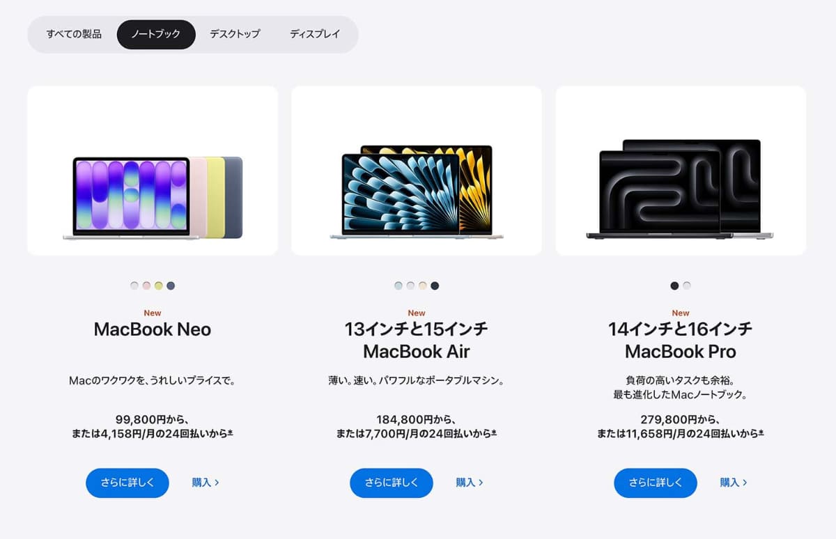 アップルの公式ページより。ノート型は3ラインナップで、AirとProにサイズ違いがあり、あとはカラバリというシンプルさ