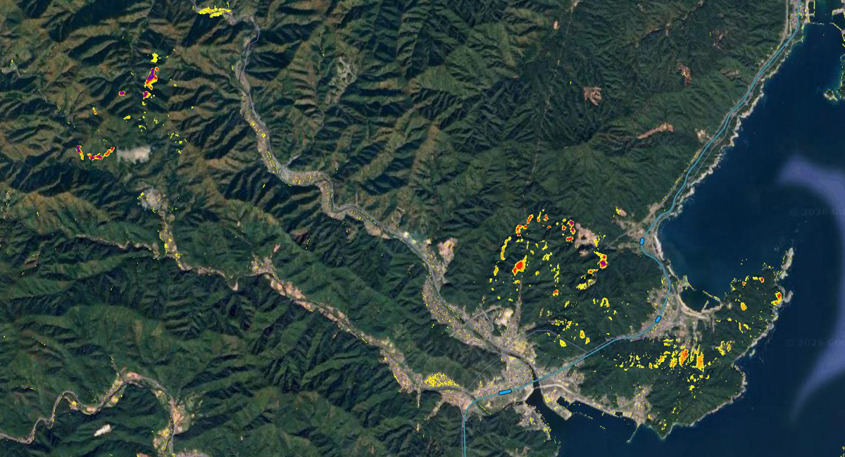 画像作成:秋山文野/Sentinel-2データ:contains modified Copernicus Sentinel data 2026/ベースマップ:Google Maps