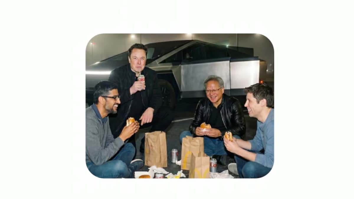 Googleのピチャイ氏とOpenAIサム・アルトマン氏、NVIDIAジェンスン・フアン氏、(OpenAIアルトマン氏と係争中の)SpaceX/テスラのイーロン・マスク氏がサイバートラック前でマクドナルドを食べるというフェイク画像