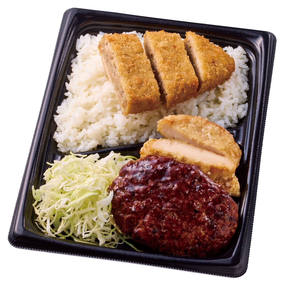 「合わせすぎ！ハンバーグ＆竜田×メンチ弁当」(697円)