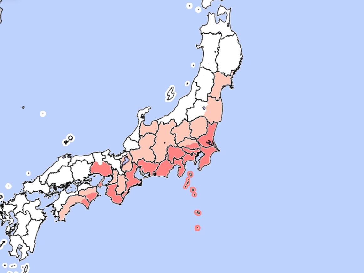 気象庁 防災情報(<a href="https://www.jma.go.jp/bosai/map.html#6/36.544/140.871/&elem=all&contents=probability">早期注意情報</a>より)。濃赤が警報級の可能性が高いことを示している