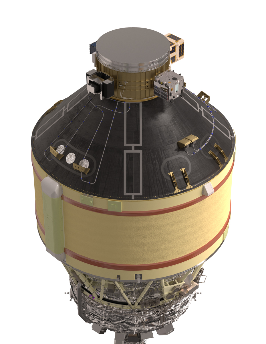 H3ロケット6号機の第2段衛星搭載部分。VEP-5を支える黒い円錐形の部分がPSS。中央に縦長のシートを2枚つなぎ合わせた接合部分がある。今回はこの部分を補修して飛行再開にこぎつけた(Credit:JAXA)