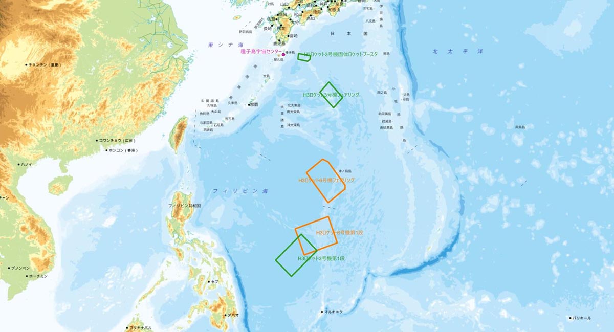 同じ太陽同期軌道に向けて打上げられるH3ロケット3号機(緑の枠)と6号機(オレンジの枠)の落下予想区域の違い。3号機は種子島宇宙センターからリフトオフ後にいったん東に進路を取り、その後に南に向けて進路を調整する。6号機は比較的すぐに南へ進路を向けることができ、推進剤ロスが少ない(地理院地図を元に筆者作成)