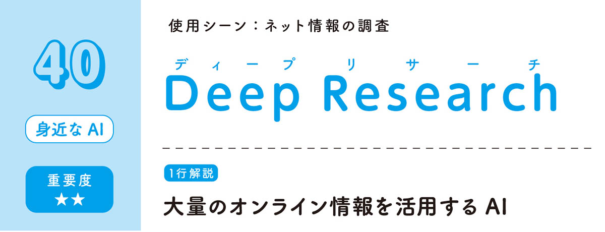 「Deep Research」の1行解説部分。用語の使用シーンも具体的に紹介しているので、あわせて読めば自分の職種にどのくらい関わってくるのかなどもわかります