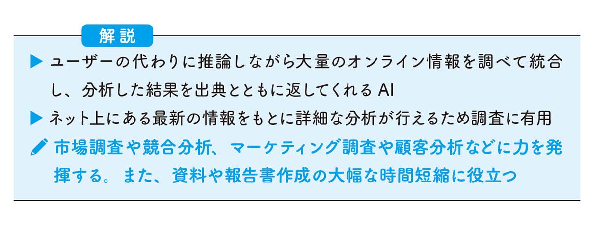 「Deep Research」のポイント解説部分。青字部分では、活用例も紹介しています。