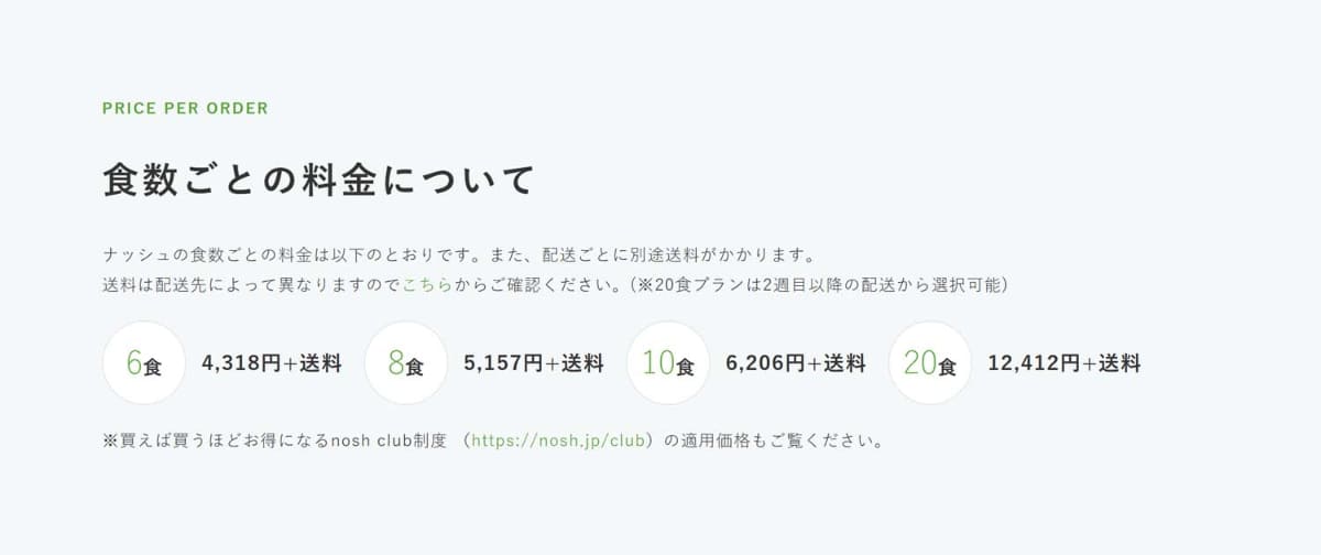 ここから累計の購入数に応じて割引が入る「nosh club制度」があり、始めたてだけでなく継続メリットもある