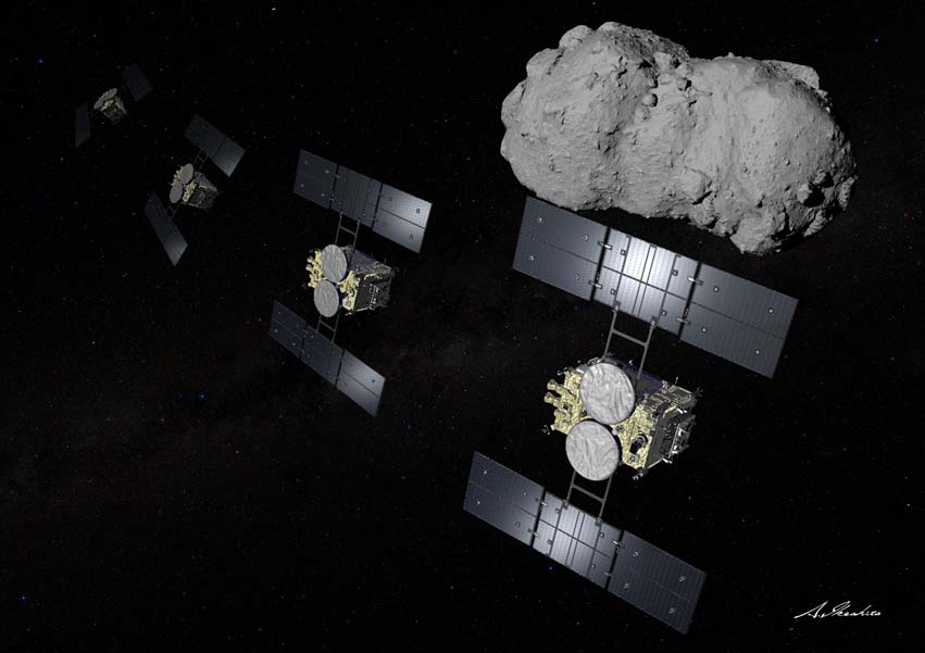 小惑星「トリフネ」をフライバイする小惑星探査機「はやぶさ2」(想像図)(c)池下章裕