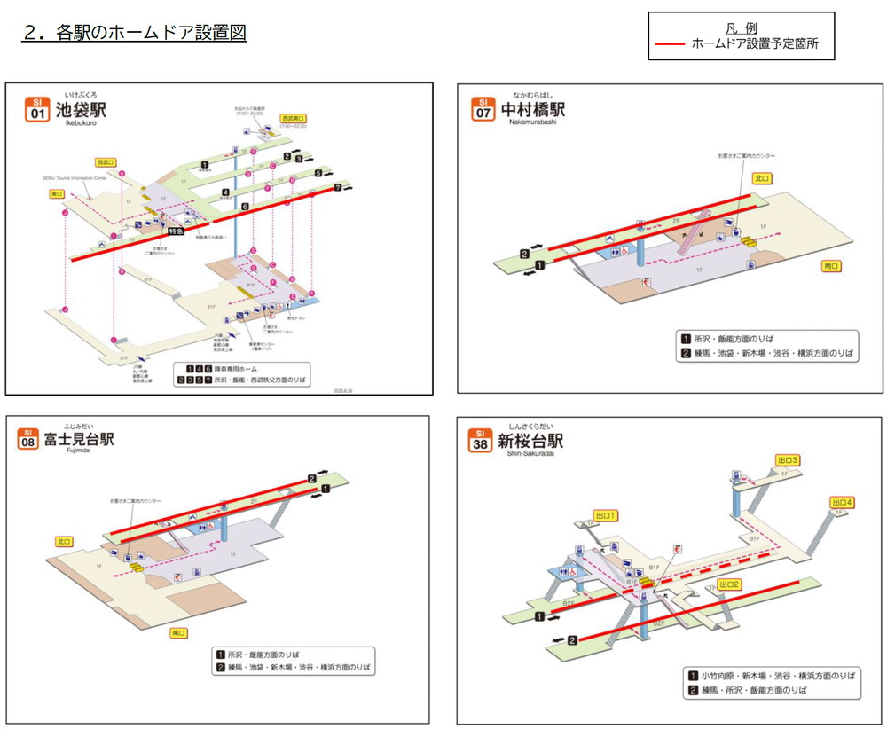 各駅のホームドア設置図(赤線)