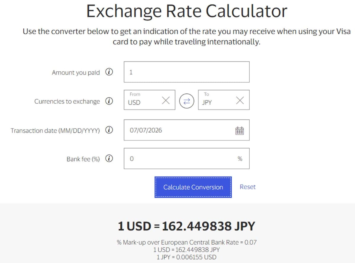 Visaの米ドルと日本円の為替レート
