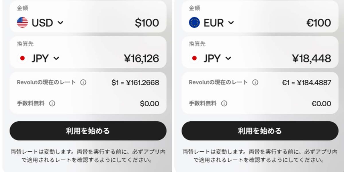Revolutのドルとユーロの交換レート
