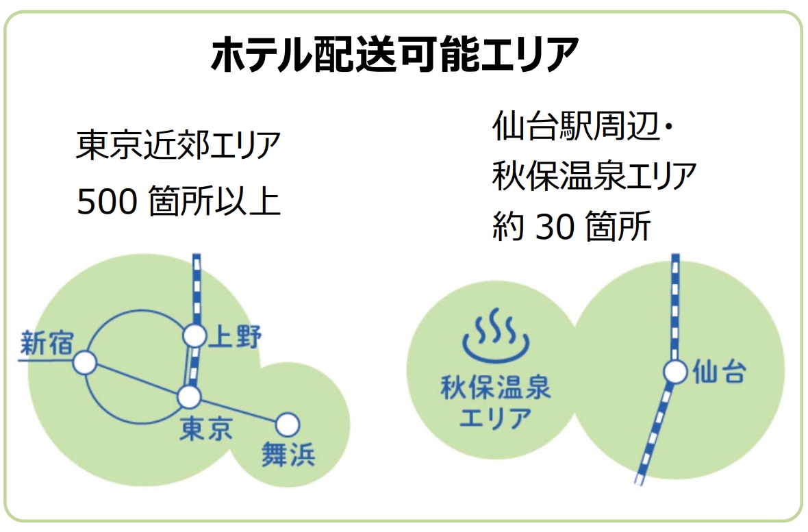 東京近郊および仙台・秋保温泉エリアのホテル配送可能エリア